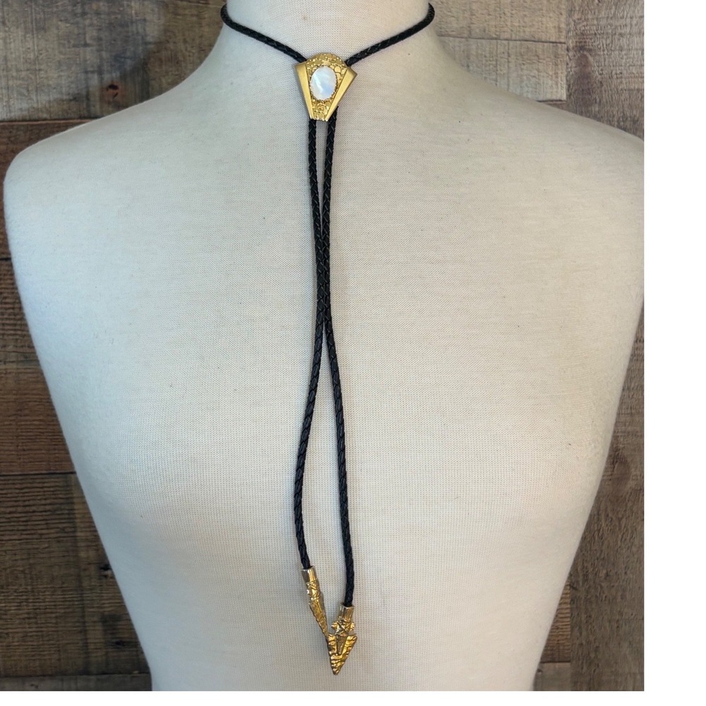 Vintage Gold Tone White Stone Bolo Tie Black Braided Cord Arrowhead Tips